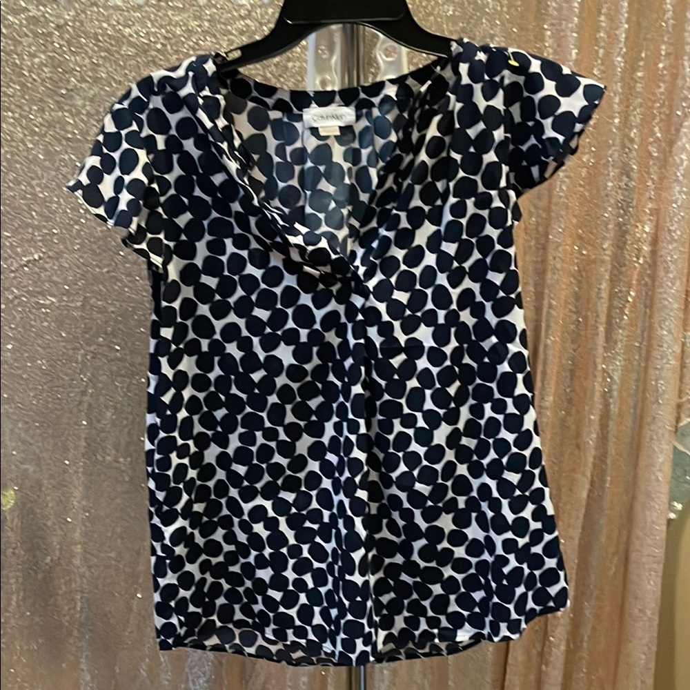 Calvin Klein Navy and White Dot-Pattern Flutter Sleeve Blouse